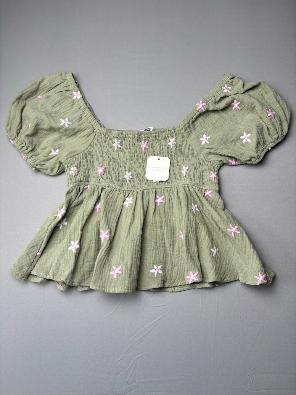 Alter’d State Olive Green Smocked Peasant Top with Pink Floral Embroidery Size M